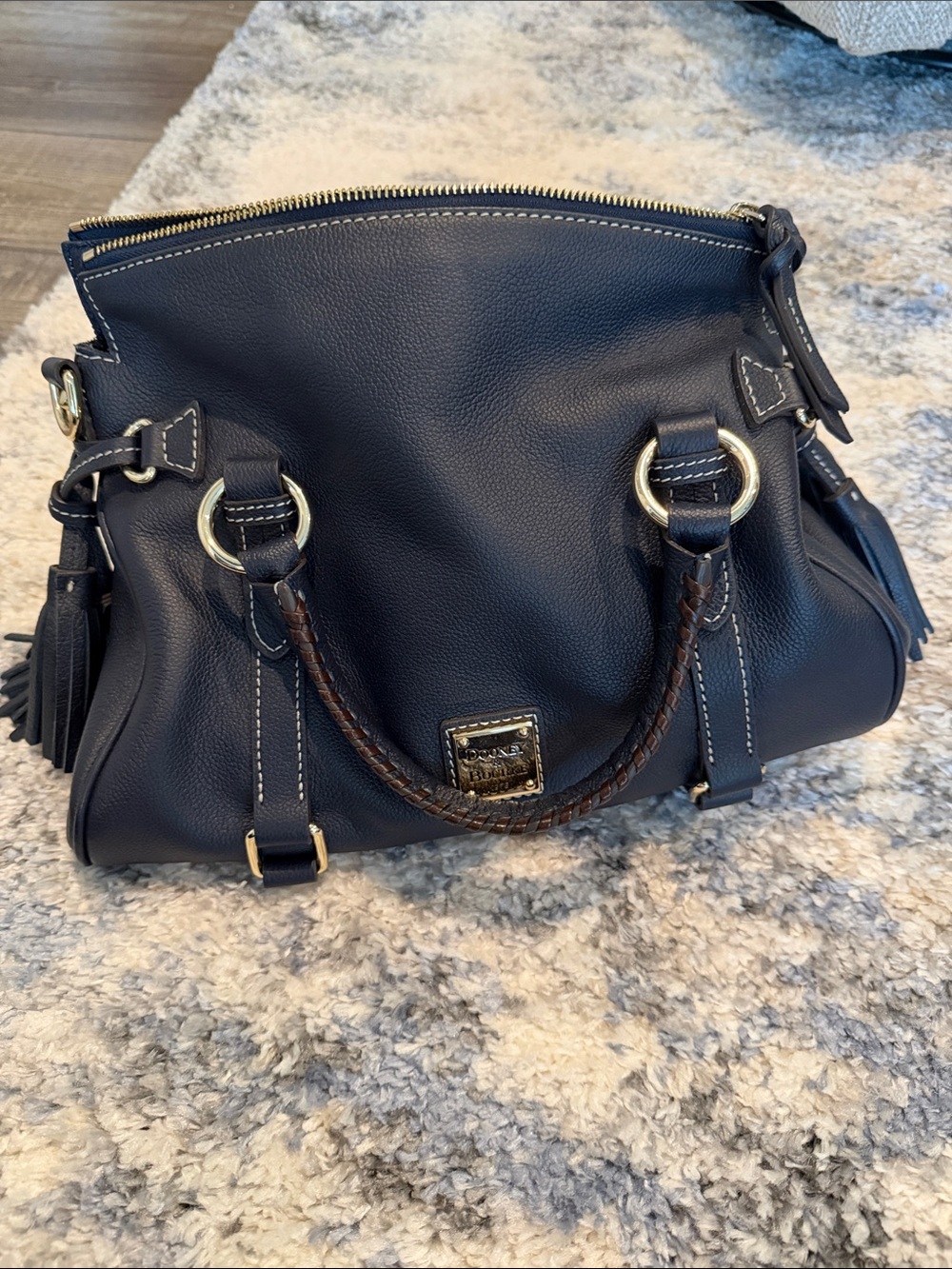 Dooney & Bourke Navy Pebbled Leather Satchel with Braided Handle